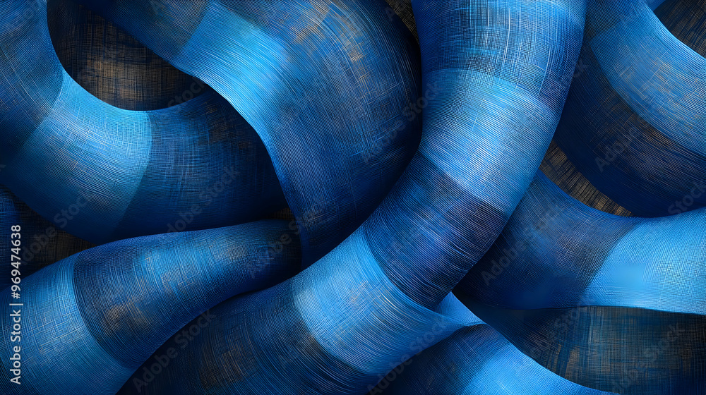 Poster abstract blue curves intertwining, creating a textured visual effect.