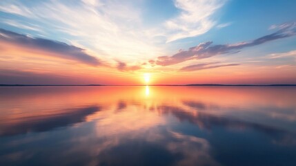 Obraz premium A beautiful sunrise sky over a calm lake, with the first light of day reflecting on the water's surface.