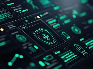 Cybersecurity interface showing a successful firewall breach defense, green alert signals, firewall, cybersecurity success