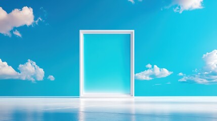 A serene and minimalistic scene featuring a white frame against a bright blue sky with clouds, symbolizing opportunity and imagination.