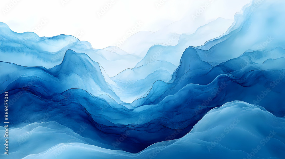Poster abstract blue waves creating a serene landscape with flowing shapes and gradients.