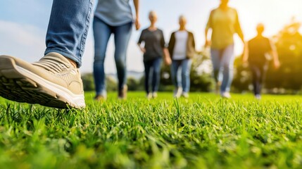 Senior group participating in an outdoor wellness walk, public health community event, elderly community walk, active lifestyle