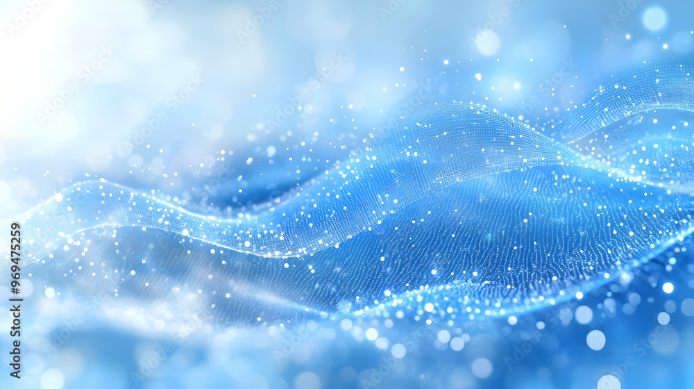 Poster abstract blue waves with sparkling particles, creating a serene and dynamic visual effect.