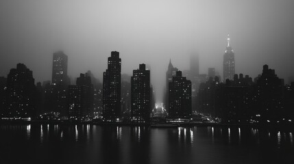 Fototapeta premium A black and white photograph of a city skyline at dusk, with lights beginning to twinkle.