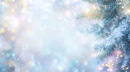 abstract christmas and new year background in pastel blue tones with frame of fir branches