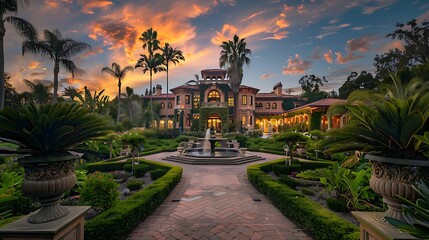 Obraz premium Magnificent mansion at dusk surrounded by lush gardens and an orange and blue sky at sunset