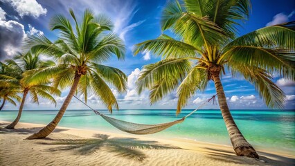 Obraz premium Idyllic tropical beach scene featuring a serene hammock suspended between palm trees, soft golden sand, and turquoise