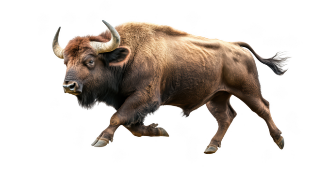 A powerful bison running across plain, showcasing its muscular build and impressive horns. This majestic animal embodies strength and grace in motion, highlighting beauty of wildlife. 