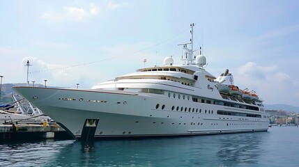 Naklejka premium Magnificent white enormous luxurious cruise vessel in port