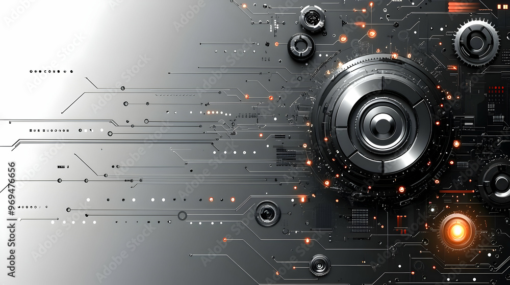 Poster abstract digital design featuring circuits and mechanical elements.