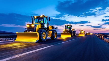 a large highway construction site at sunrise, featuring heavy machinery and workers laying asphalt