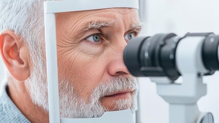 Senior man getting a vision test at a public health screening event, elderly vision screening, preventive eye care