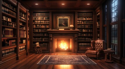Luxury home library in 3D, with high wooden bookshelves, a leather armchair, and a glowing fireplace,