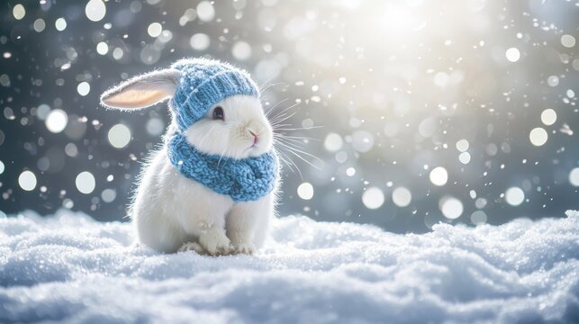 cute fluffy bunny in knitted hat, scarf and mittens on snow, christmas card