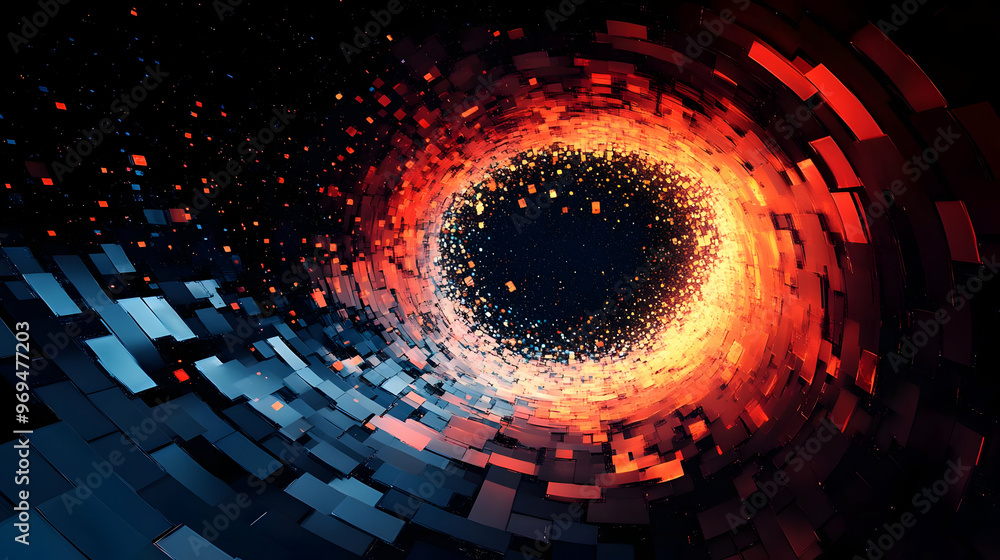 Poster abstract digital vortex with glowing particles and geometric shapes.