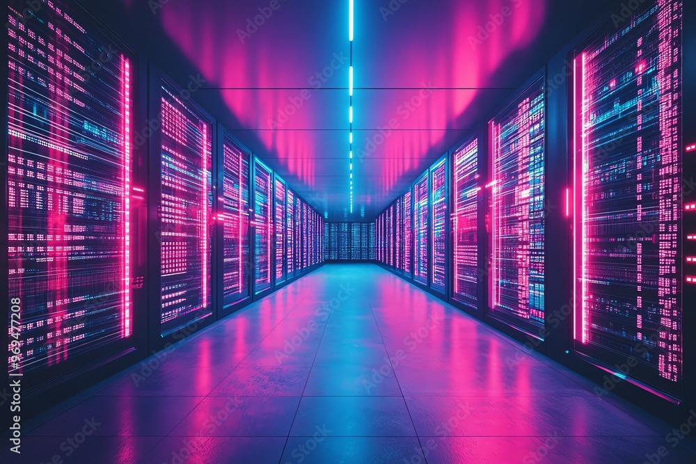 Aufkleber a futuristic server room with rows of servers illuminated by neon pink and blue lights.