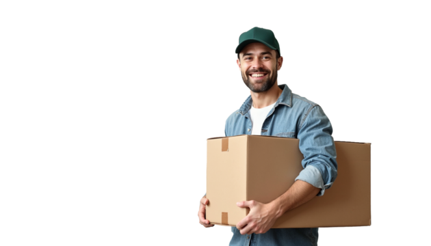 Smiling man in yellow shirt carrying cardboard boxes on transparent background, delivery boy png, Home delivery concept, young delivery boy