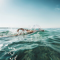 Athlete woman swimming in beautiful open blue water, exercising 