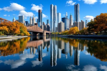 Obraz premium Manhattan skyline reflected in the waters of the East River, creating a mirror-like image of the towering skyscrapers