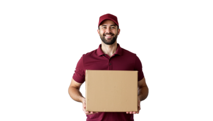 Smiling man in yellow shirt carrying cardboard boxes on transparent background, delivery boy png, Home delivery concept, young delivery boy