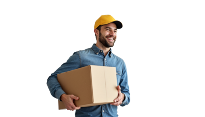 Smiling man in yellow shirt carrying cardboard boxes on transparent background, delivery boy png, Home delivery concept, young delivery boy