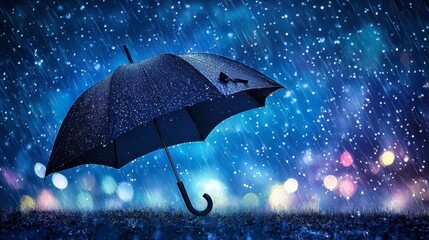 A black umbrella being held against a rainy night sky, with raindrops falling all around.