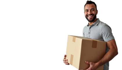 Smiling man in yellow shirt carrying cardboard boxes on transparent background, delivery boy png, Home delivery concept, young delivery boy