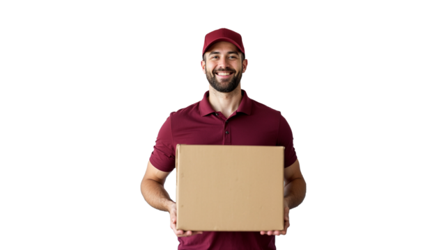 Smiling man in yellow shirt carrying cardboard boxes on transparent background, delivery boy png, Home delivery concept, young delivery boy