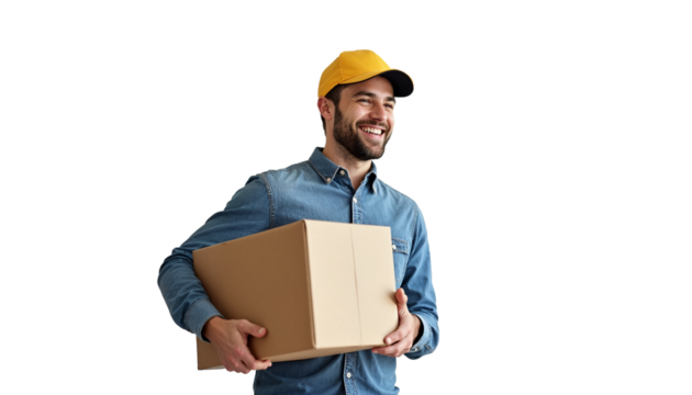 Smiling man in yellow shirt carrying cardboard boxes on transparent background, delivery boy png, Home delivery concept, young delivery boy