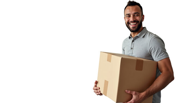 Smiling man in yellow shirt carrying cardboard boxes on transparent background, delivery boy png, Home delivery concept, young delivery boy