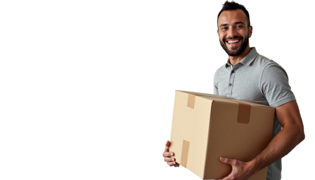 Smiling man in yellow shirt carrying cardboard boxes on transparent background, delivery boy png, Home delivery concept, young delivery boy