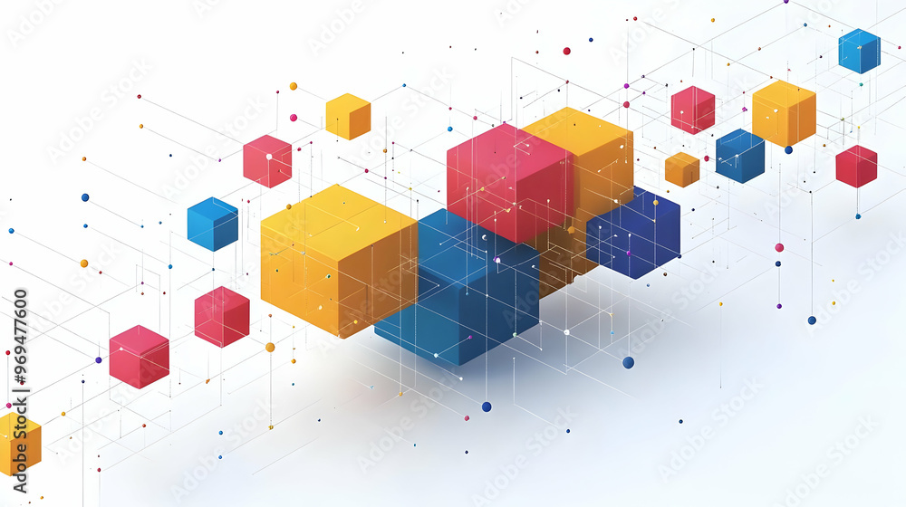 Poster abstract geometric design featuring colorful cubes and connecting lines.