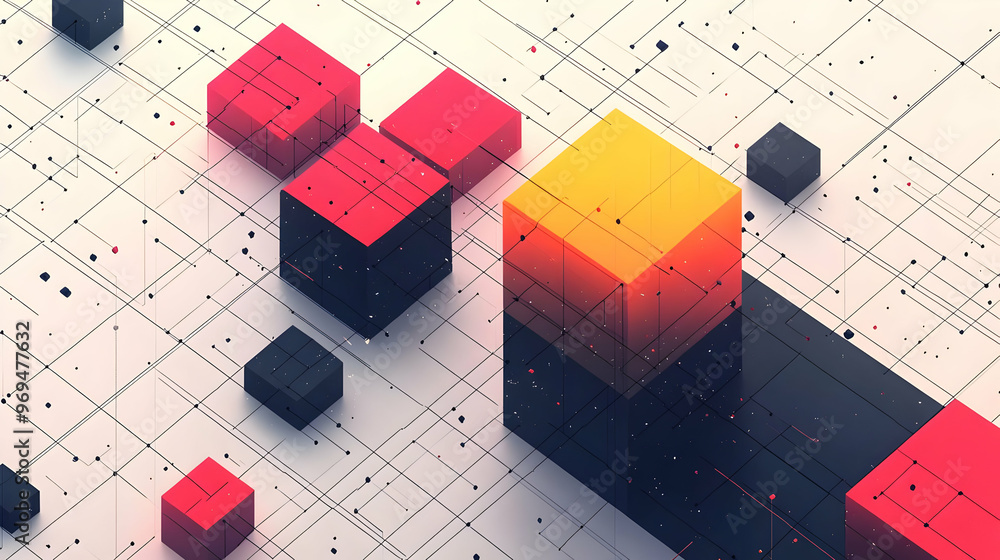 Poster abstract geometric design featuring cubes in vibrant colors and grid patterns.
