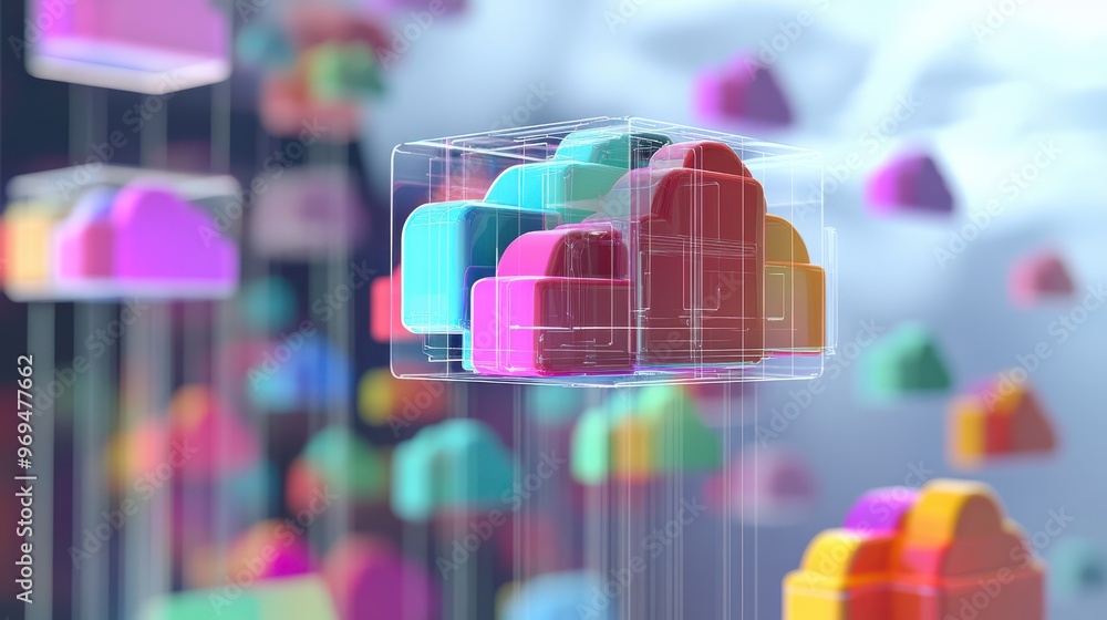 Leinwandbilder abstract 3d illustration of colorful cloud icons in a digital network environment, symbolizing cloud