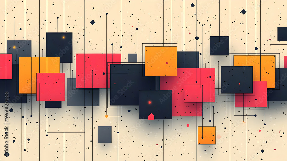 Poster abstract geometric design with colorful squares and lines on a light background.