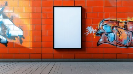 An empty frame on a vibrant orange wall, surrounded by colorful graffiti art, perfect for...