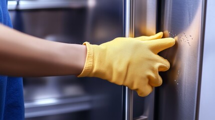 Person cleaning stainless steel refrigerator door with yellow rubber gloves in a modern kitchen during daylight