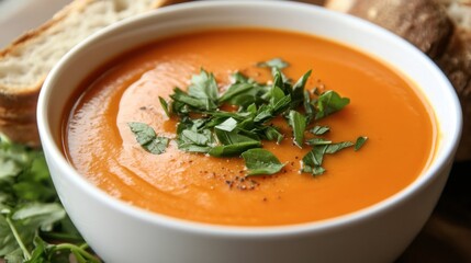A bowl of creamy orange carrot soup garnished with fresh herbs and served with a side of crusty bread.