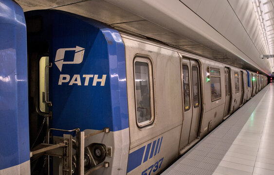 PATH train logo on the side of a subway car on the track at World Trade Center station New Jersey Transit.