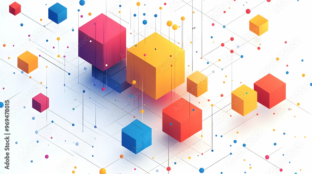 Poster abstract geometric shapes with vibrant colors and connecting lines.