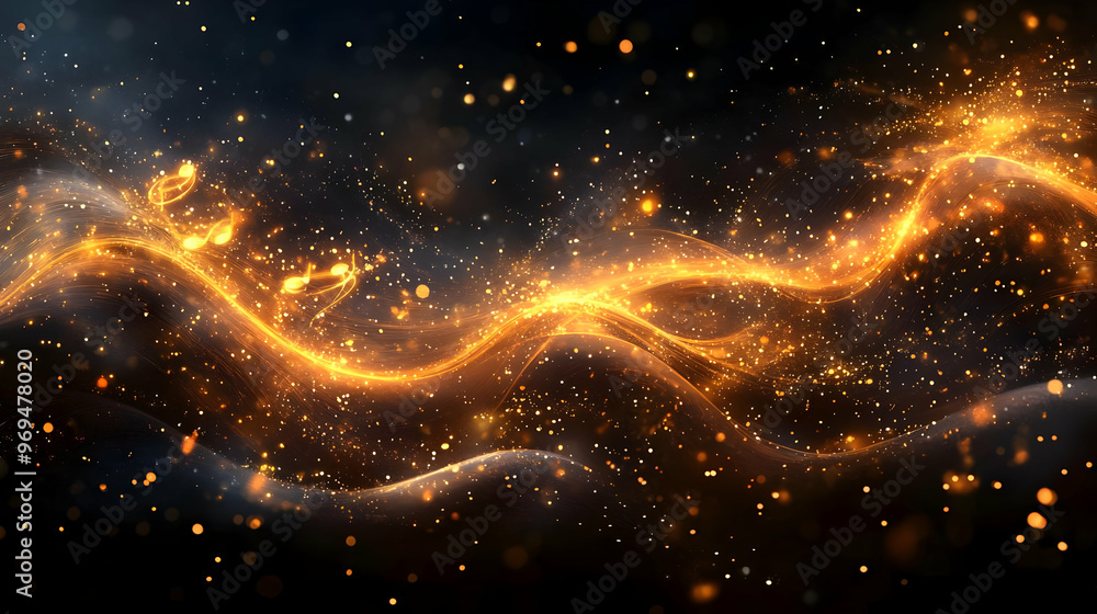 Poster Abstract golden wave with sparkling particles on a dark background.