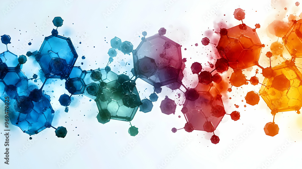 Poster abstract illustration of colorful molecular structures representing scientific concepts.