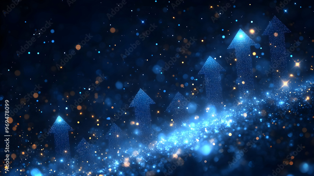 Poster abstract image featuring upward arrows and glowing particles on a dark background.