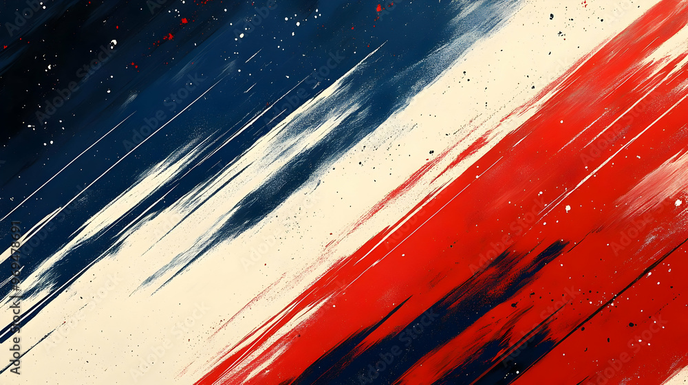 Poster abstract painting with bold red, white, and blue strokes creating a dynamic visual effect.