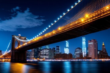 Fototapeta premium New York iconic landmark Brooklyn Bridge lit up at night with the Manhattan skyline in the background