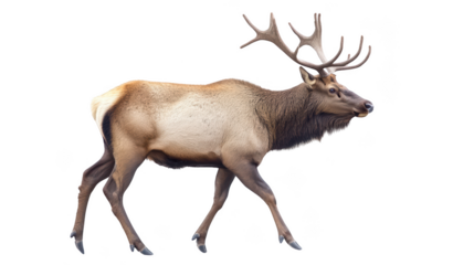 A majestic elk walking gracefully, showcasing its impressive antlers and strong physique. This animal embodies beauty of nature and wilderness. 