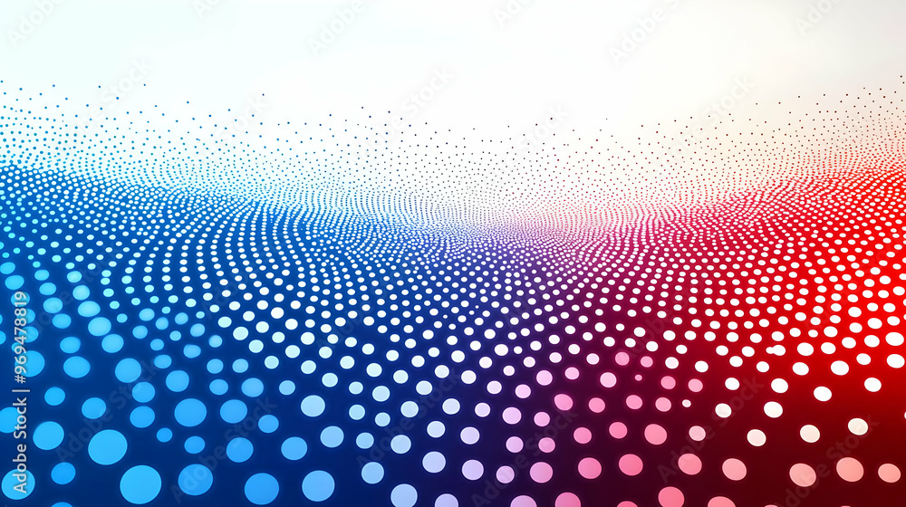 Poster abstract pattern of dots creating a wave effect in red and blue gradients.