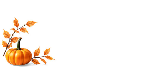 Naklejka premium Minimalist Autumn & Seasonal banner. Pumpkin and Autumn Leaves isolated on Transparent Background: Minimalist Fall Design with Copy Space for Text. PNG