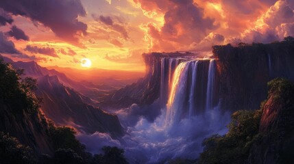Fototapeta premium A breathtaking waterfall set against a dramatic sunset, with the sky glowing orange and pink.