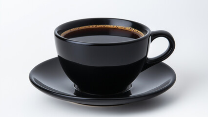 Fototapeta premium Black coffee cup with saucer on white background, ideal for modern and minimalist drink concepts.